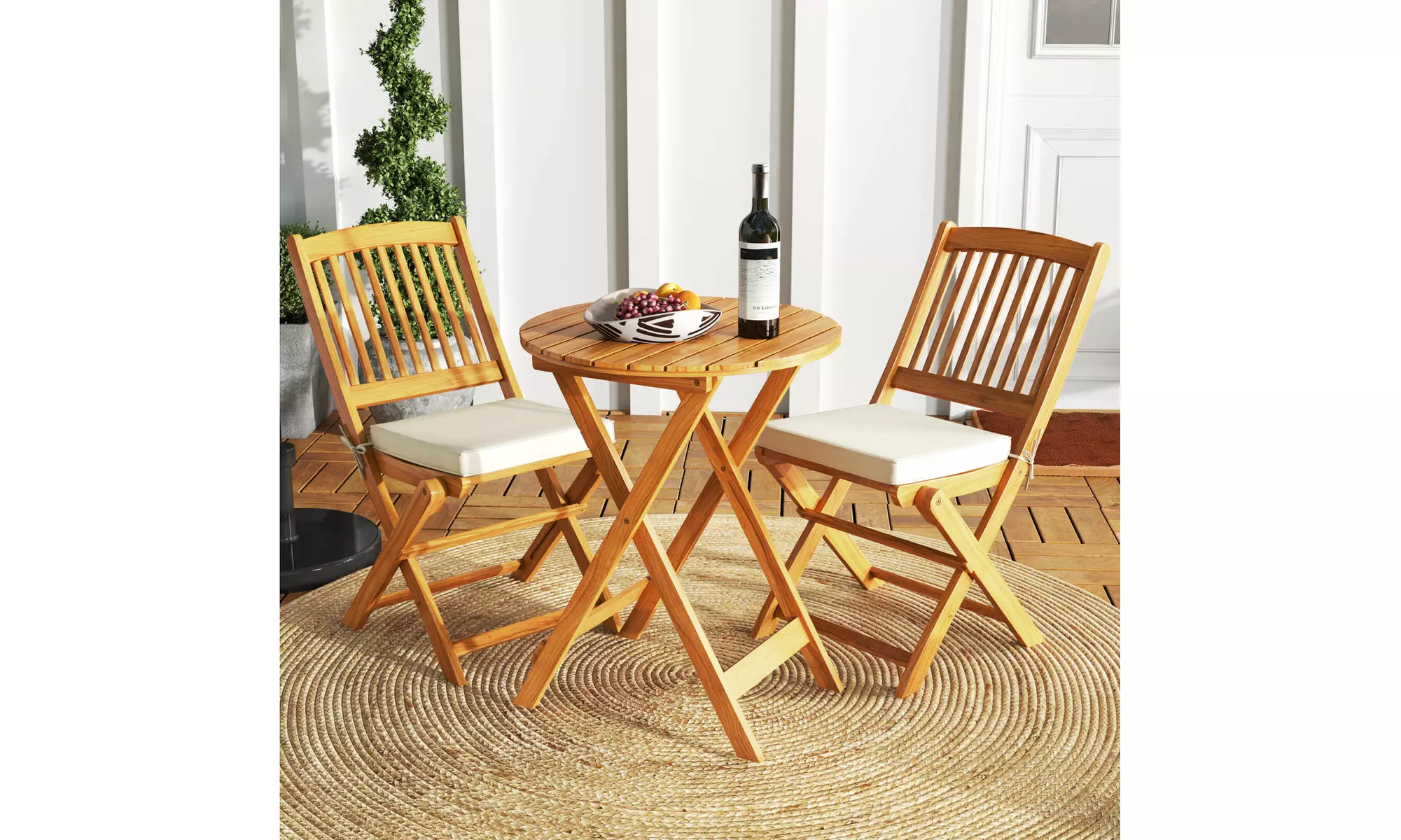 Costway Outdoor Folding Chairs Acacia Wood High-Back Chair with Seat Cushions