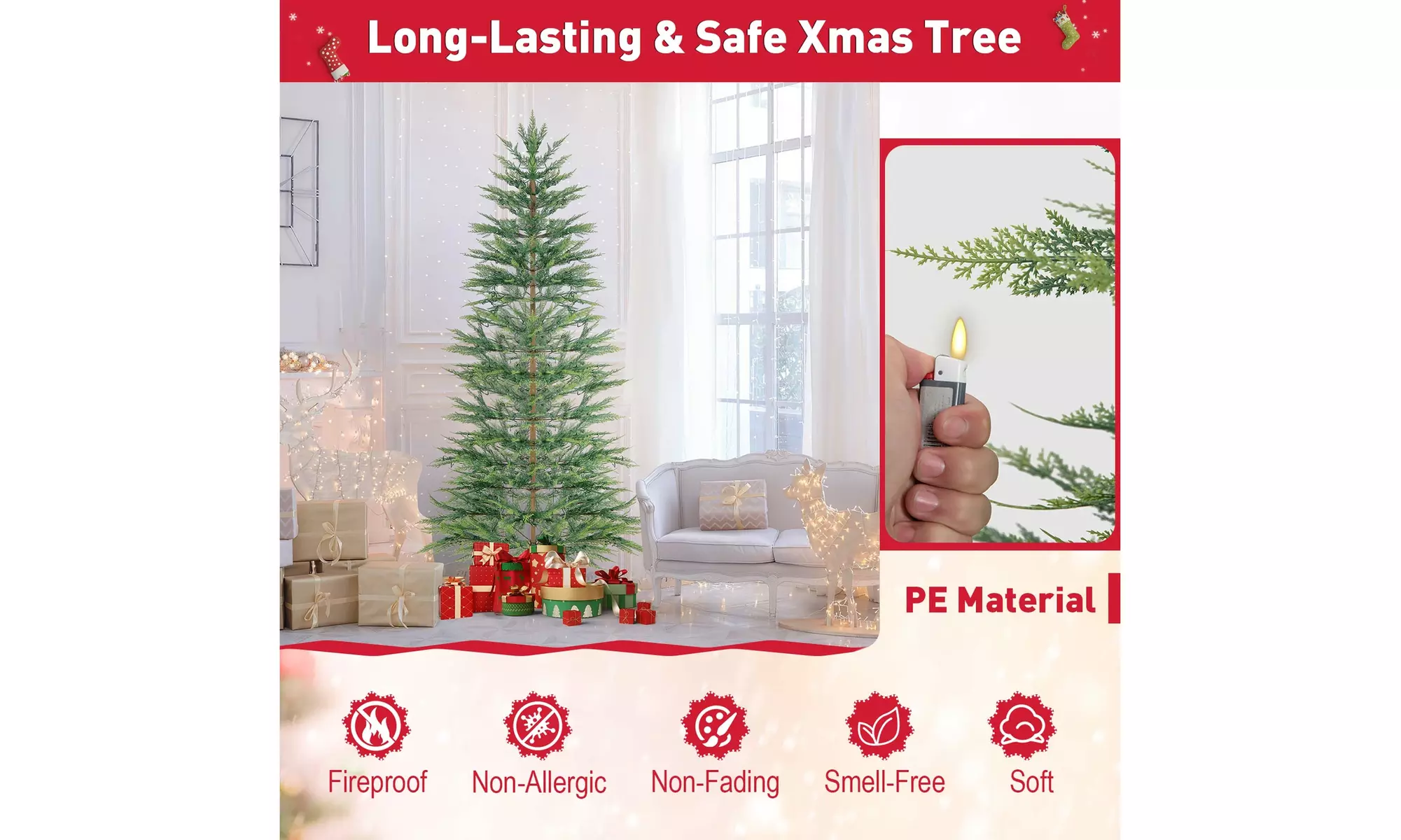 Costway 6.5/7.5 FT Pre-Lit Christmas Tree Hinged w/ Branch Tips Timer Lights