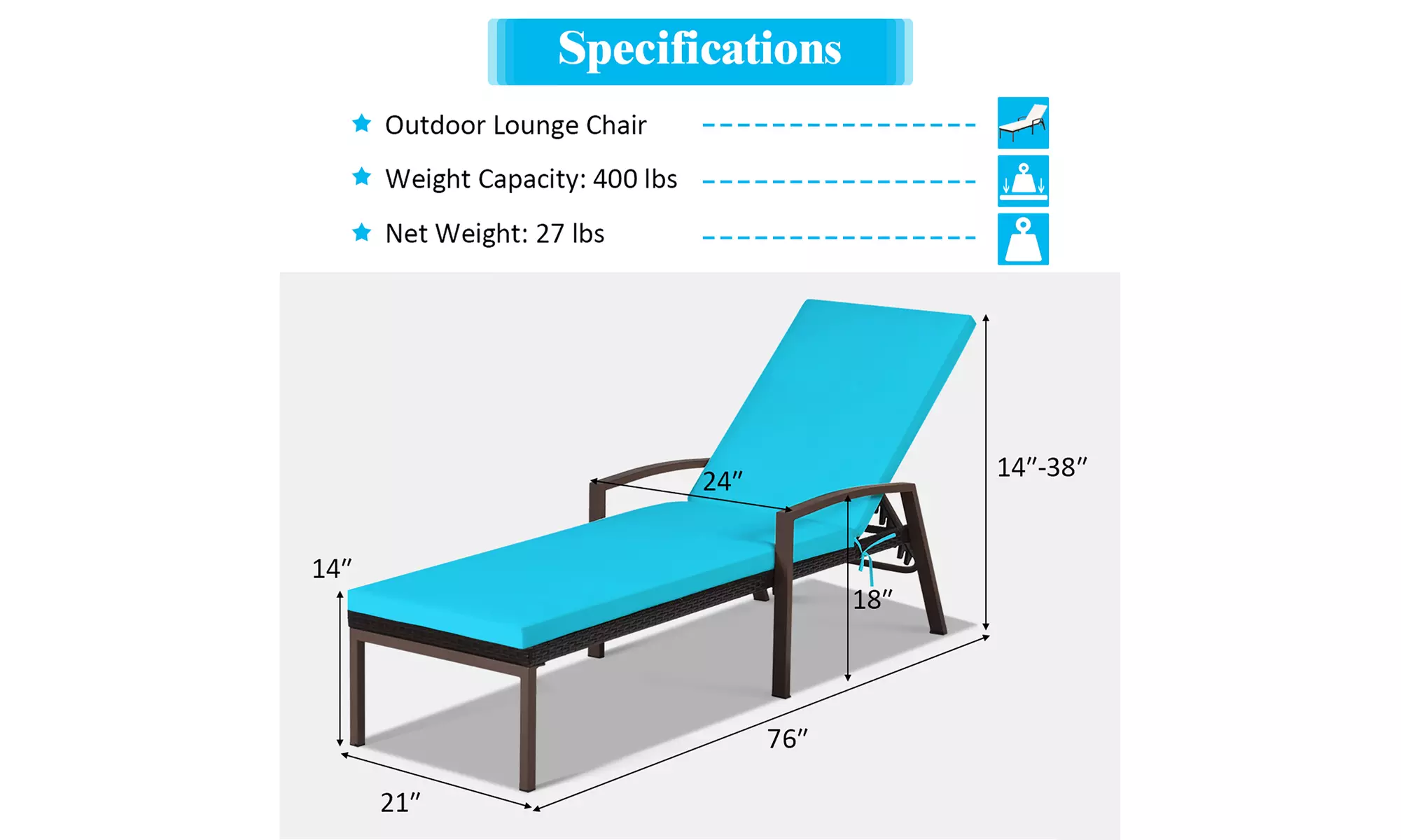 Costway 2PCS Patio Rattan Lounge Chair Chaise Recliner Back Adjustable Cushion