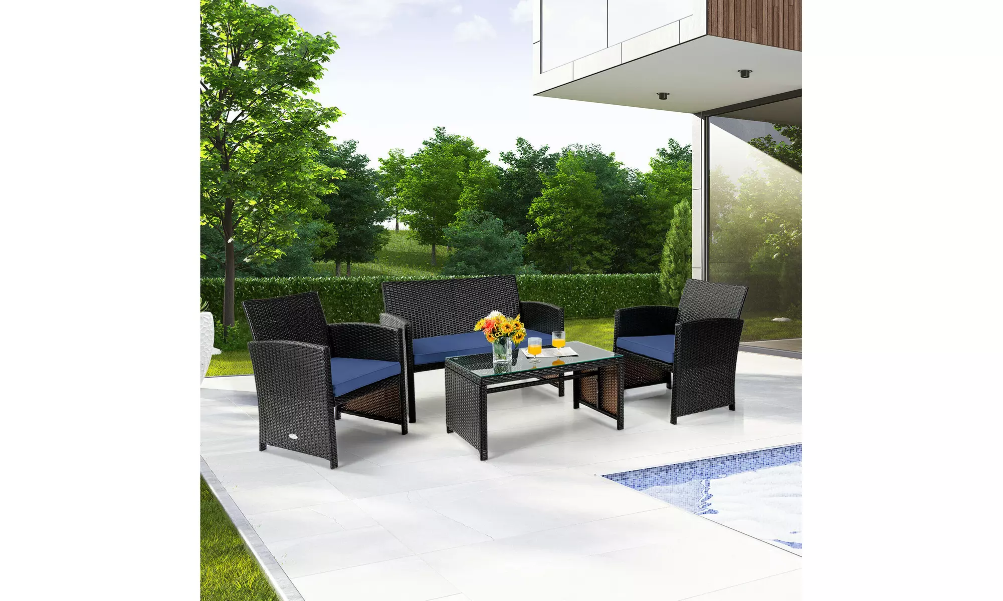 Costway 4PCS Patio Rattan Furniture Set Cushioned Chair Sofa Coffee Table Navy
