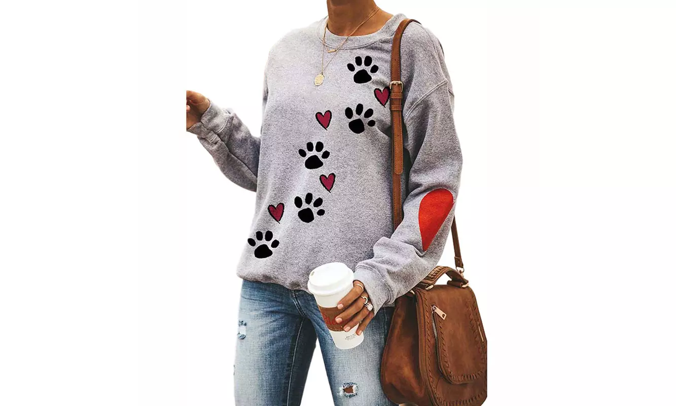 Women's Tops Dog Paw Print Long Sleeve Crew Neck Tunics - Second Medium