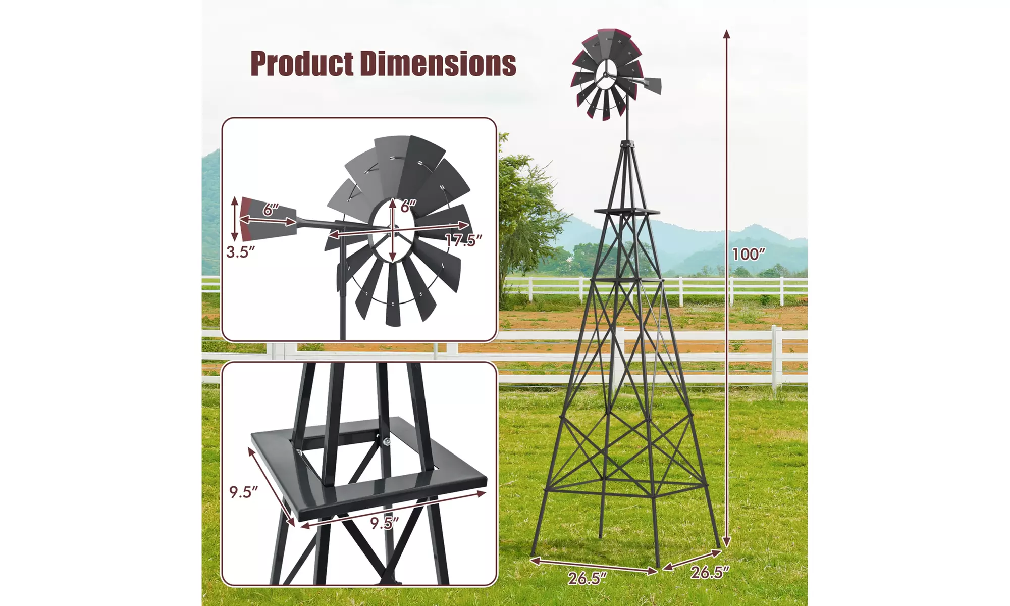 Costway 8Ft Tall Windmill Ornamental Wind Wheel Silver Garden Weather Vane