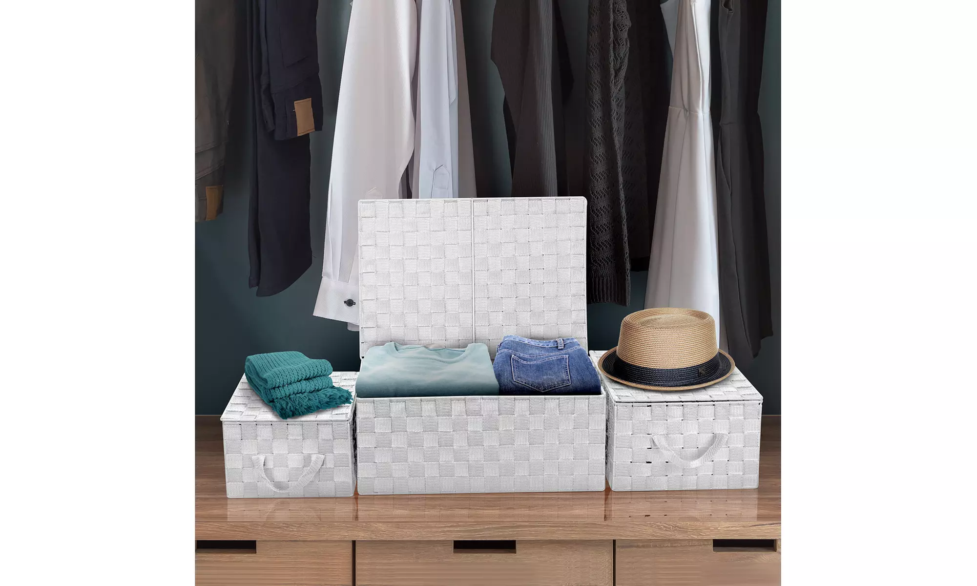 3-Pack Storage Box w/ Lid for Closet & Shelves - Woven Fabric Basket Organizer