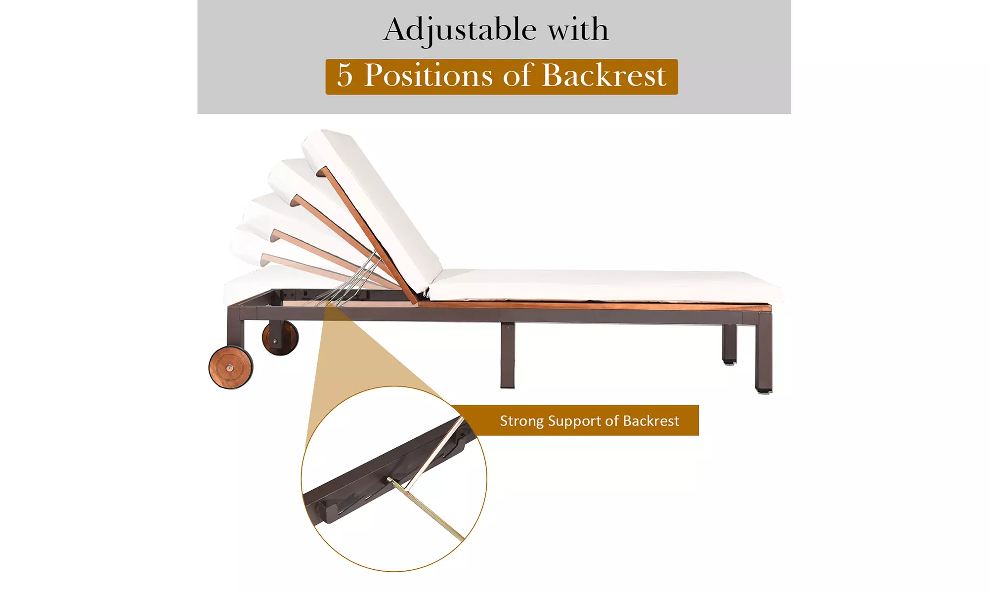 Patio Acacia Wood Lounge Chair Chaise Recliner Adjustable Backrest Cushion Wheel