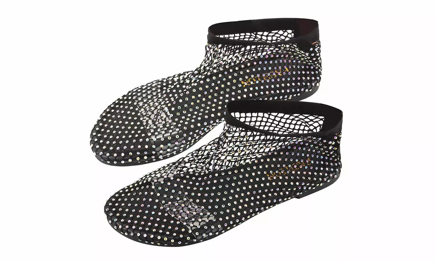 Womens Shiny Mesh Flats Sandals Hollow Out Rhinestone Sandals