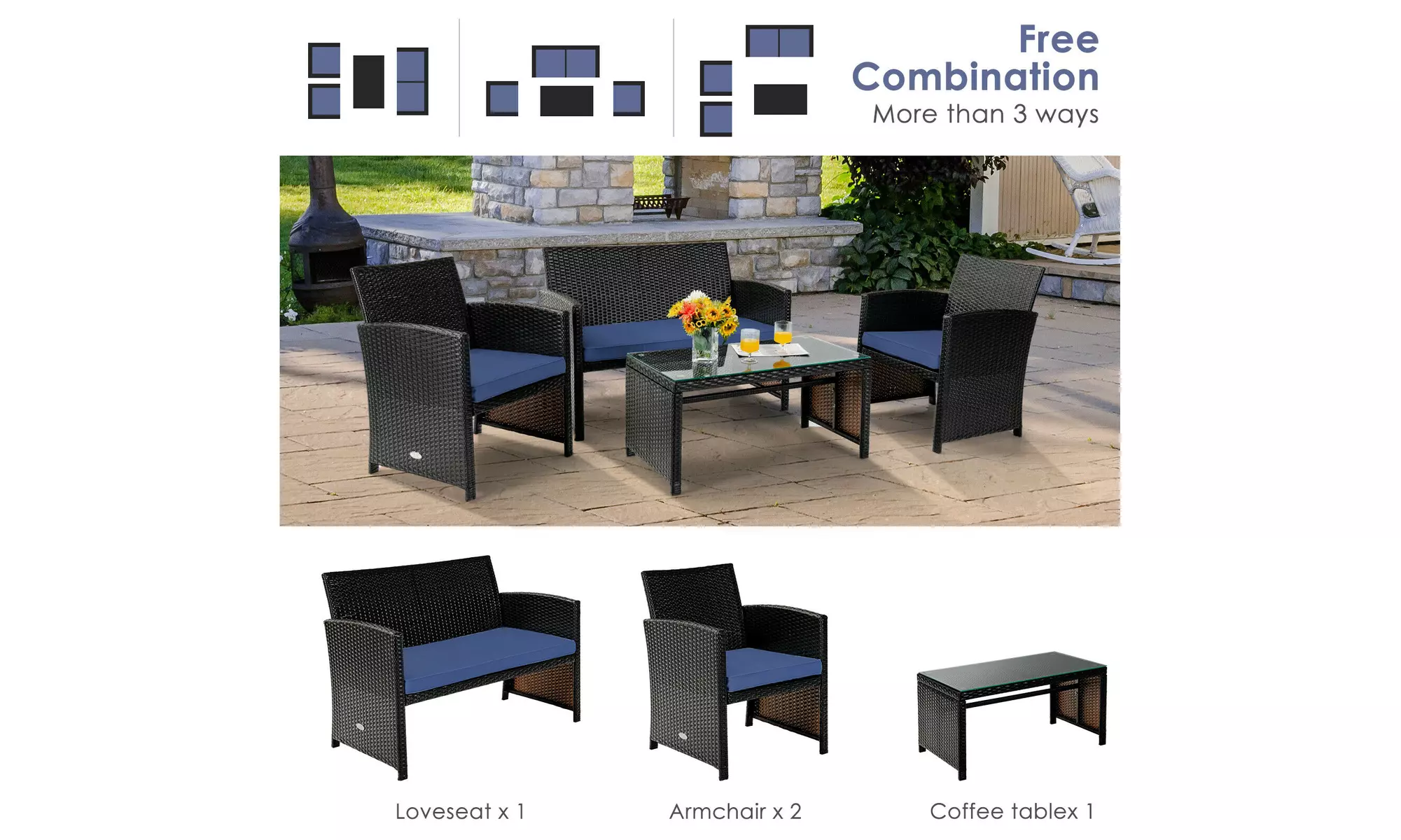 Costway 4PCS Patio Rattan Furniture Set Cushioned Chair Sofa Coffee Table Navy