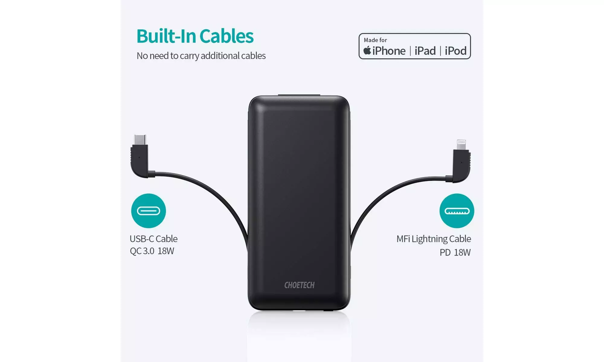 CHOETECH Power Bank with Built-in USB-C and Lightning Cables 10,000 mAh Charger