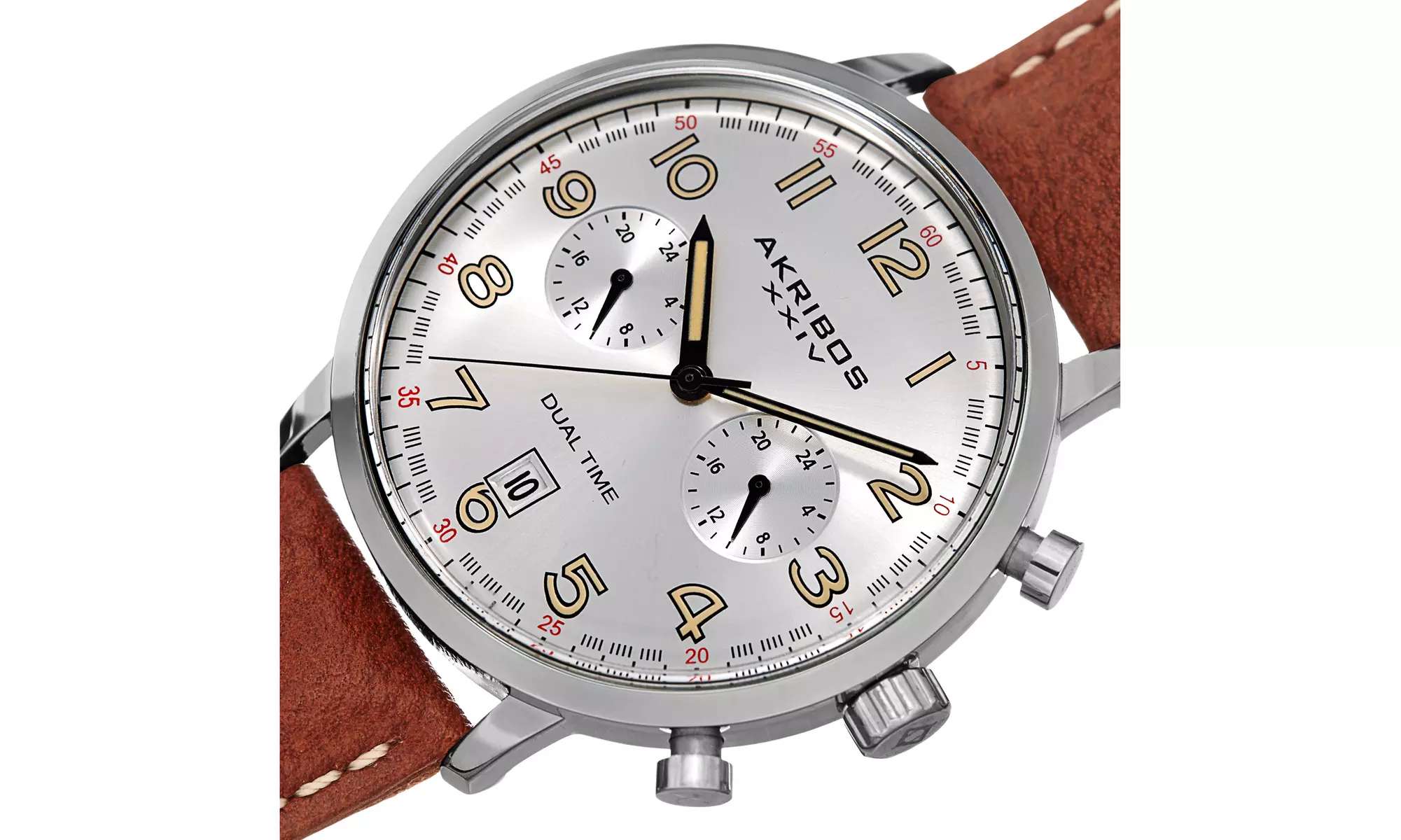 Akribos XXIV Men's Chronograph Date Brown Leather Strap Watch