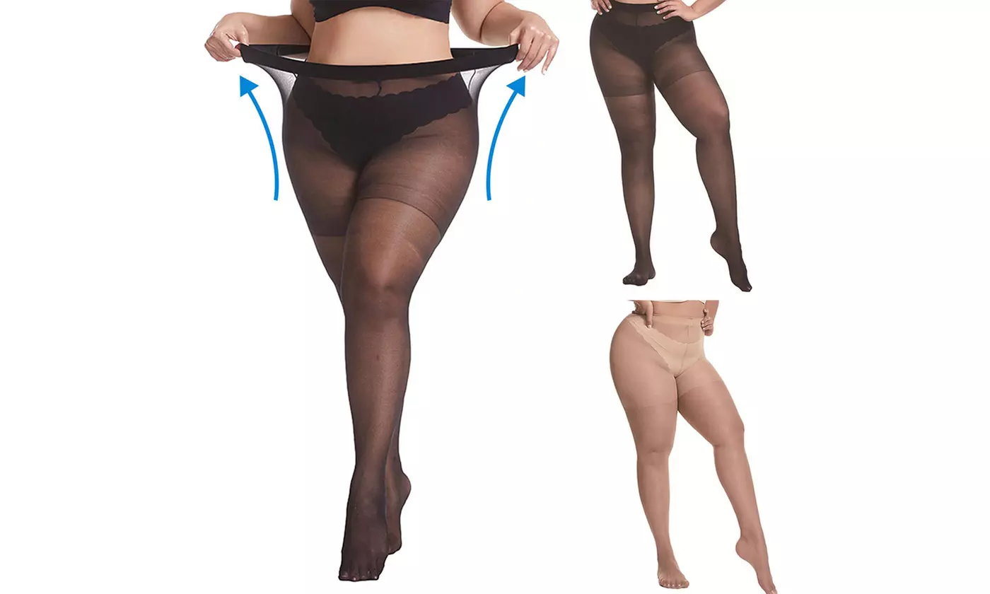 2 Pairs Women' Plus Size Pantyhose High Waist Sheer Queen Tights Control Top