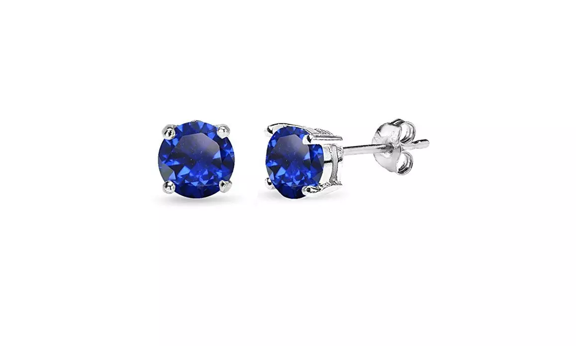 Paris Jewelry White Gold Plated 6mm Round Solitaire Blue Sapphire Stud Earrings - Primary Image