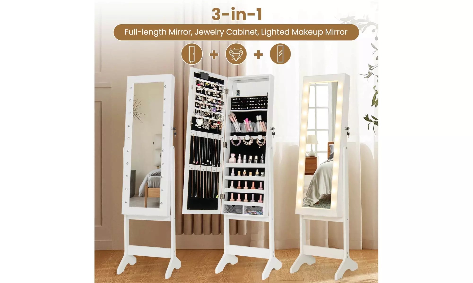 Costway Full-Length LED Mirror Jewelry Cabinet with 20 LED Lights