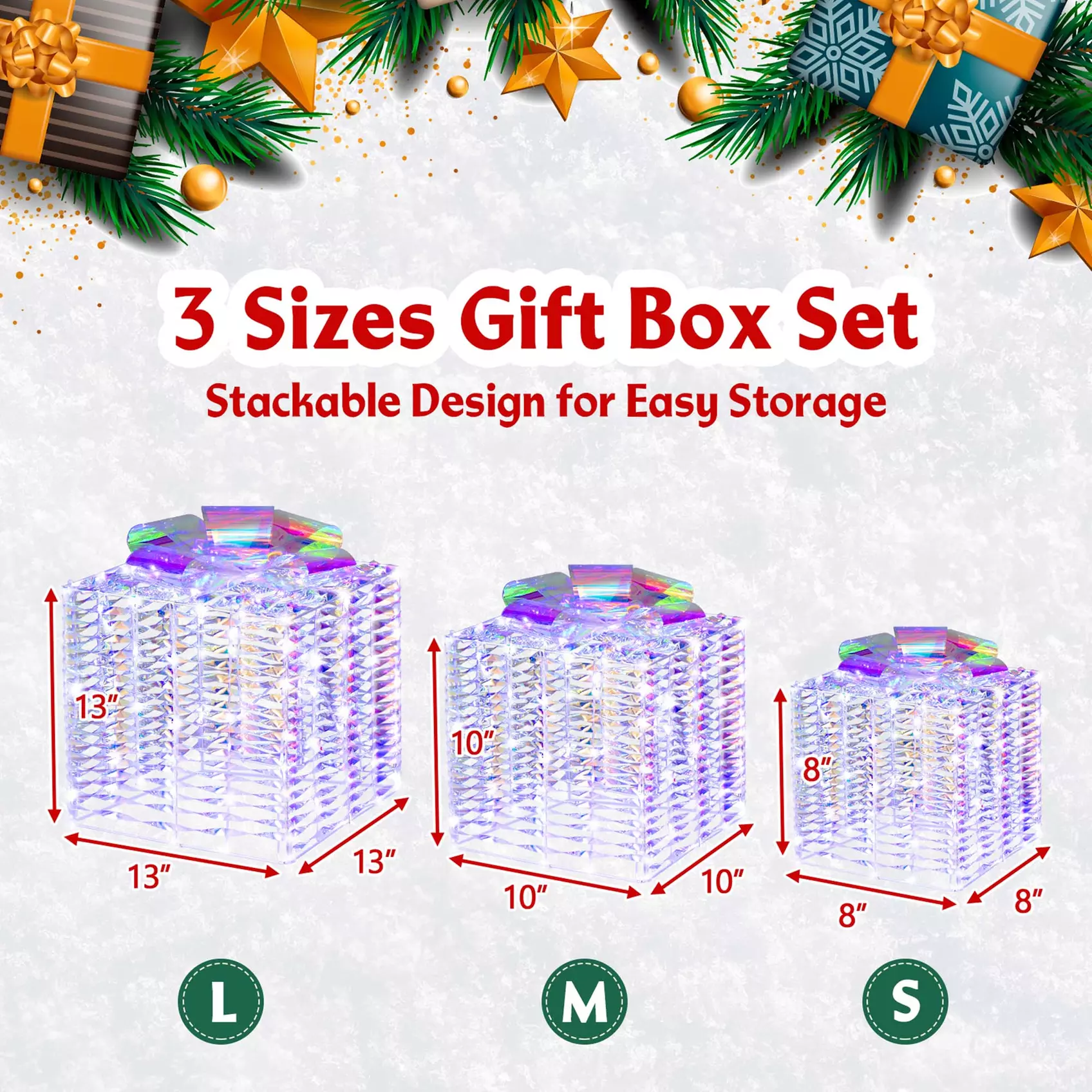 Costway 3 Sets Iridescent Christmas Gift Box LED Lighted Present Box Decor Yard