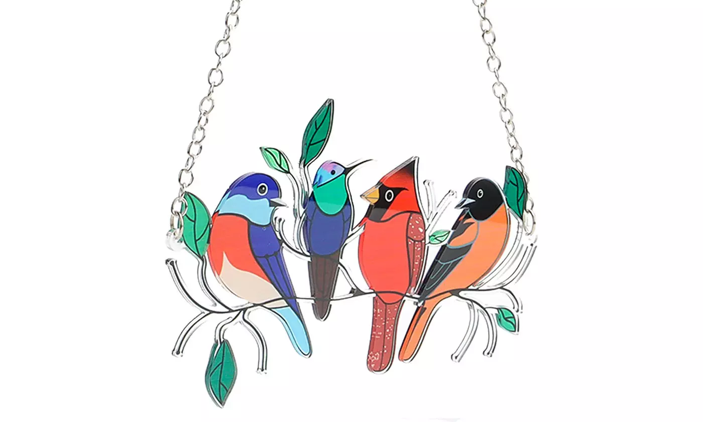 Multicolor Birds On A Wire High Stained Suncatcher Window Panel Home Decor