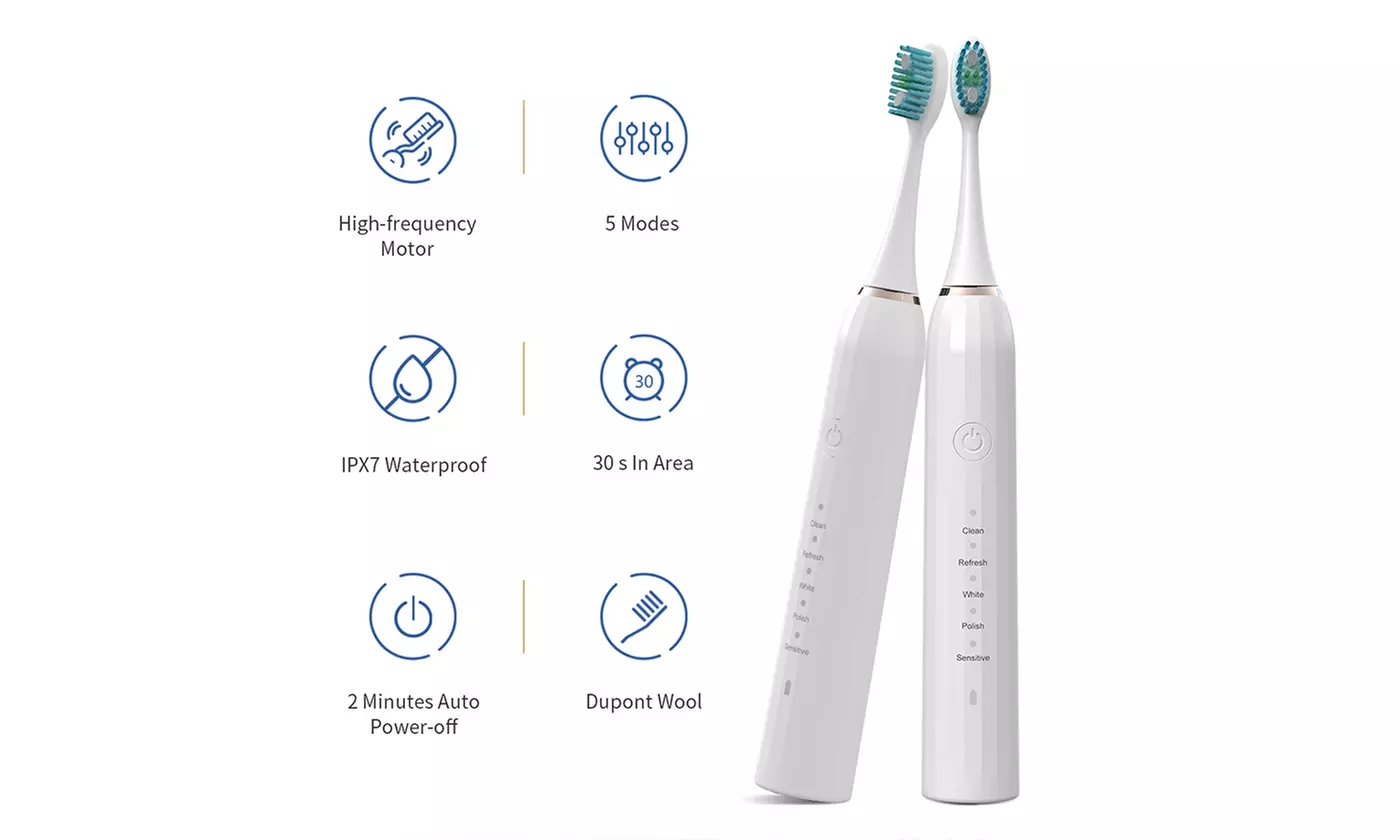 Sonic Electric Toothbrush 5 Modes & 2 Head IPX7 Waterproof USB Charging - Primary Image