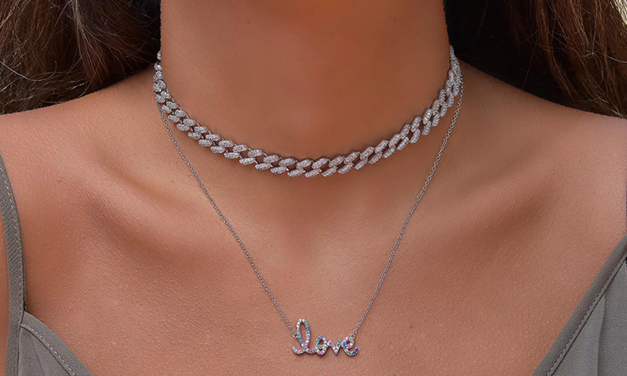 Choice of Crystal Curb Chain or Rainbow Script Love Layering Necklaces - Primary Image