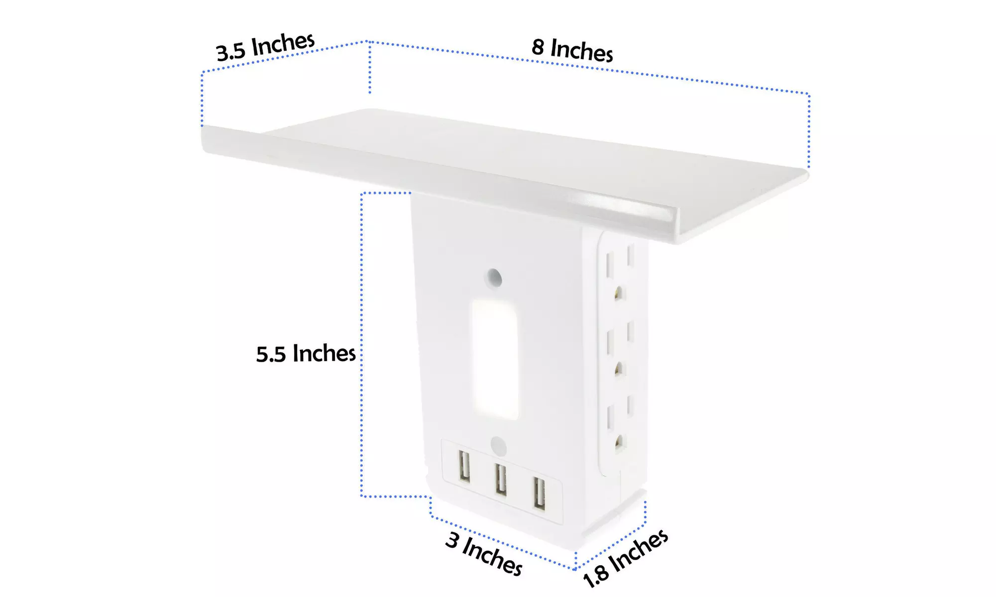 Wall Power Outlet Shelf w/ Night Light - Socket Wall Stand 6 Plugs 3 USB - Second Medium