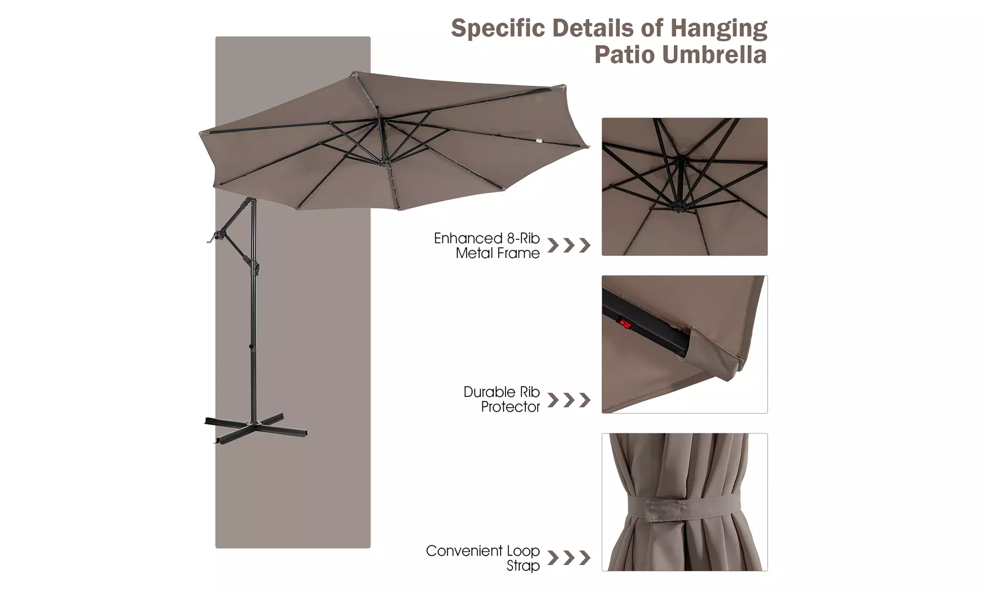 Costway 10FT Cantilever Solar Powered 32LED Lighted Patio Offset Umbrella