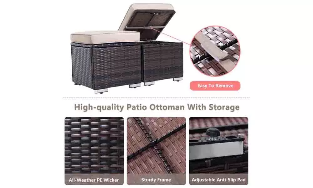 2 Pieces Outdoor Ottoman Patio Foot Rest PE Rattan Foot Stool with Storage