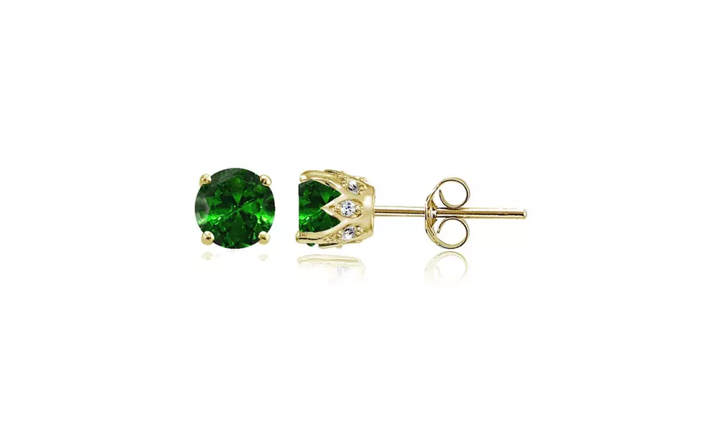Simulated Emerald and CZ Crown Stud Earrings in Gold Flash Sterling Silver - Primary Image