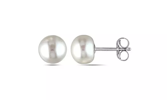 White Gold Plated 8mm White Freshwater Cultured Round Pearl Stud Earrings