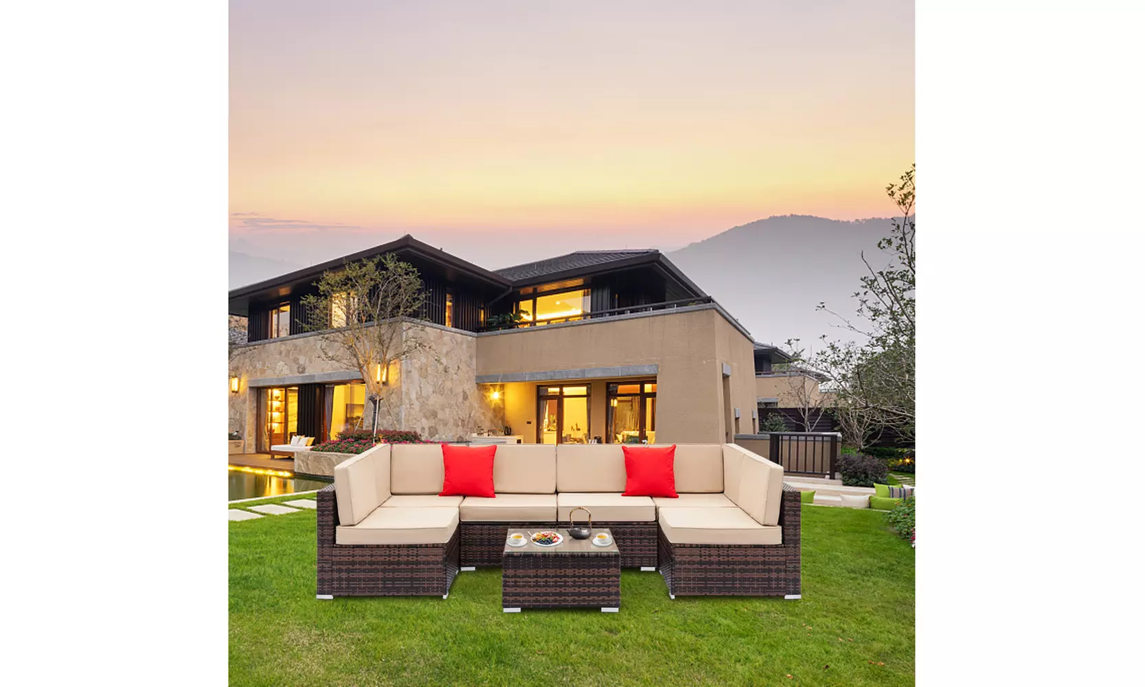 Outdoor Rattan Sectional Sofa- Patio Wicker Furniture Set 7 Pieces - Primary Image