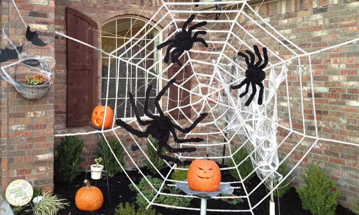 Large Fake Spider Web with Giant Hairy Spider Props Scary Halloween Decor - Primary Image