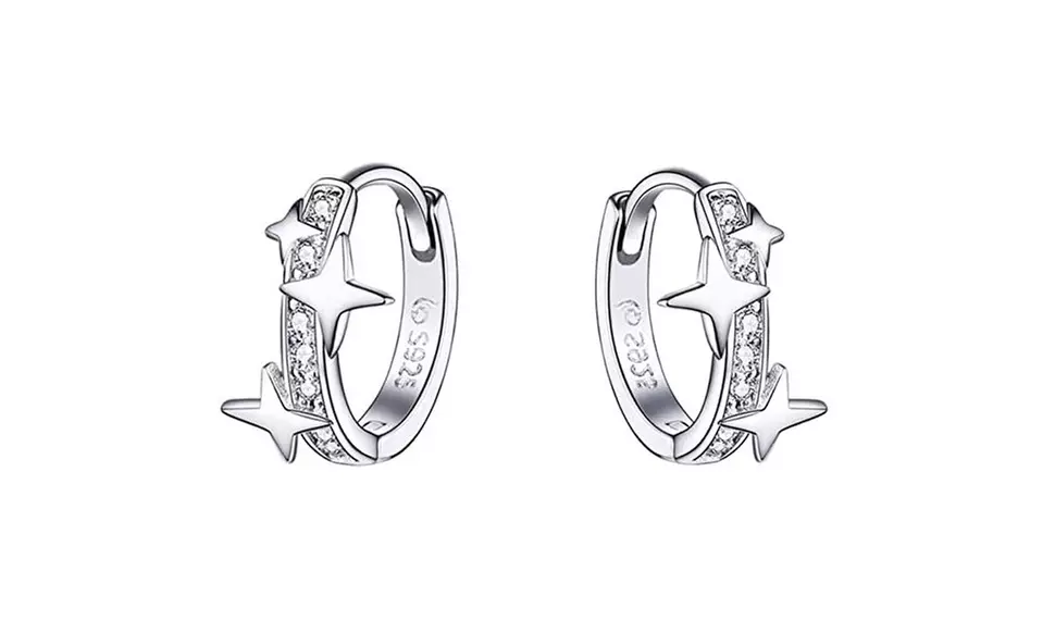 925 Sterling Silver Stars Huggies Cubic Zirconia Small Hoop Earrings  - Primary Image
