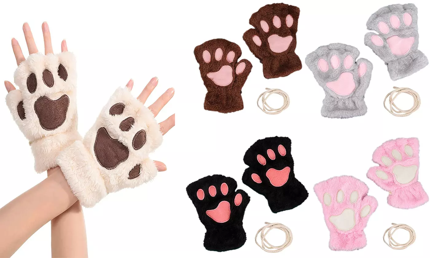 Cat Paw Gloves Fingerless Gloves Mittens Half Finger Bear Paw Gloves - Primary Image