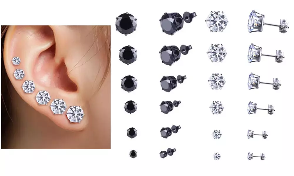 6 Pairs Cubic Zirconia Diamond Stud Earring for Men Women - Primary Image