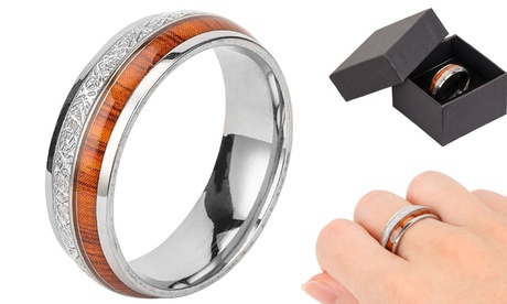 groupon Silver Whiskey Barrel Ring Wooden Meteorite Wedding Engagement Band Ring 8 Stainless Steel Titanium and Stainless Steel