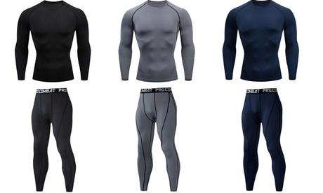 Mens Workout Compression Set Pants & Long Sleeve Shirts Thermal Base Layer Set L Grey