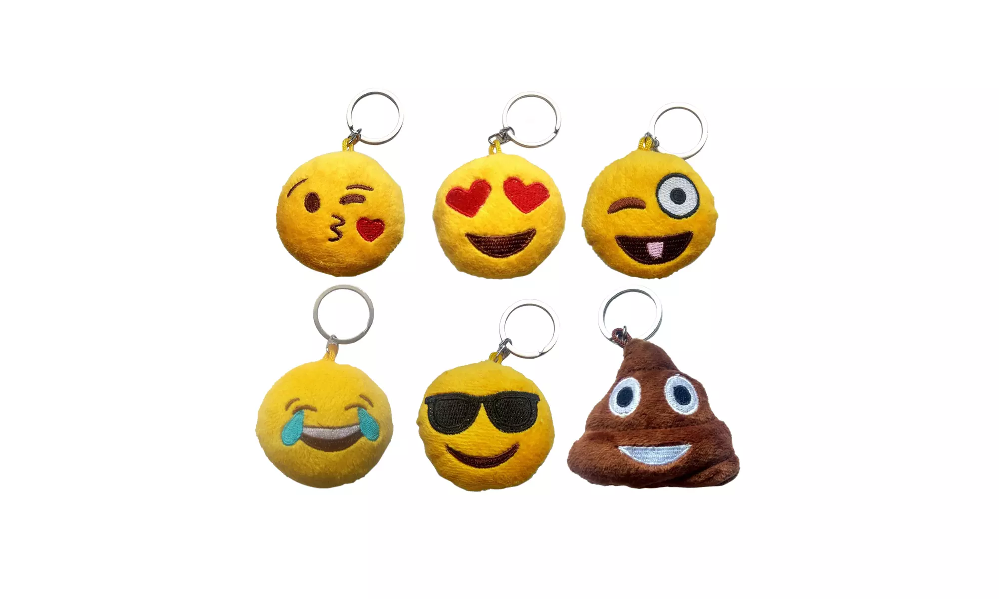 Plush Emoji Keychain - Heart Eyes, Throwing a Kiss, Sunglasses and Laughing Tear - Primary Image