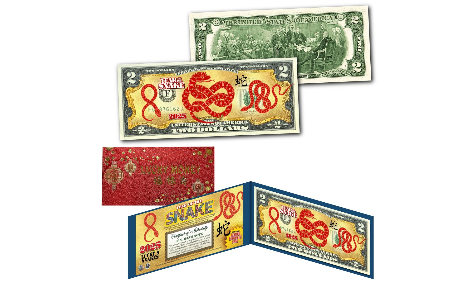 2025 Lucky 8-SHAPED Snakes Chinese New Year Two Dollar Bill Red Folio & Envelope