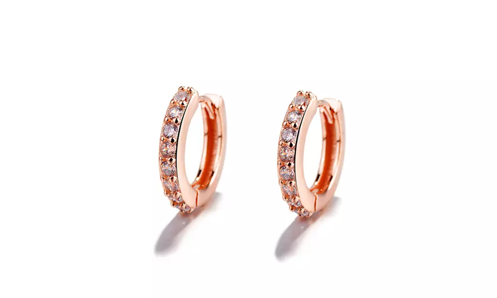 Sterling Silver or Rose Gold Genuine Crystal Huggie Hoop Earring