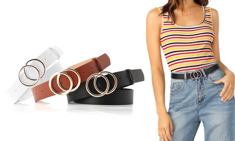 Women'sLeather Belts Jeans Belt Double Ring Buckle Belt For Dresses Pants S White