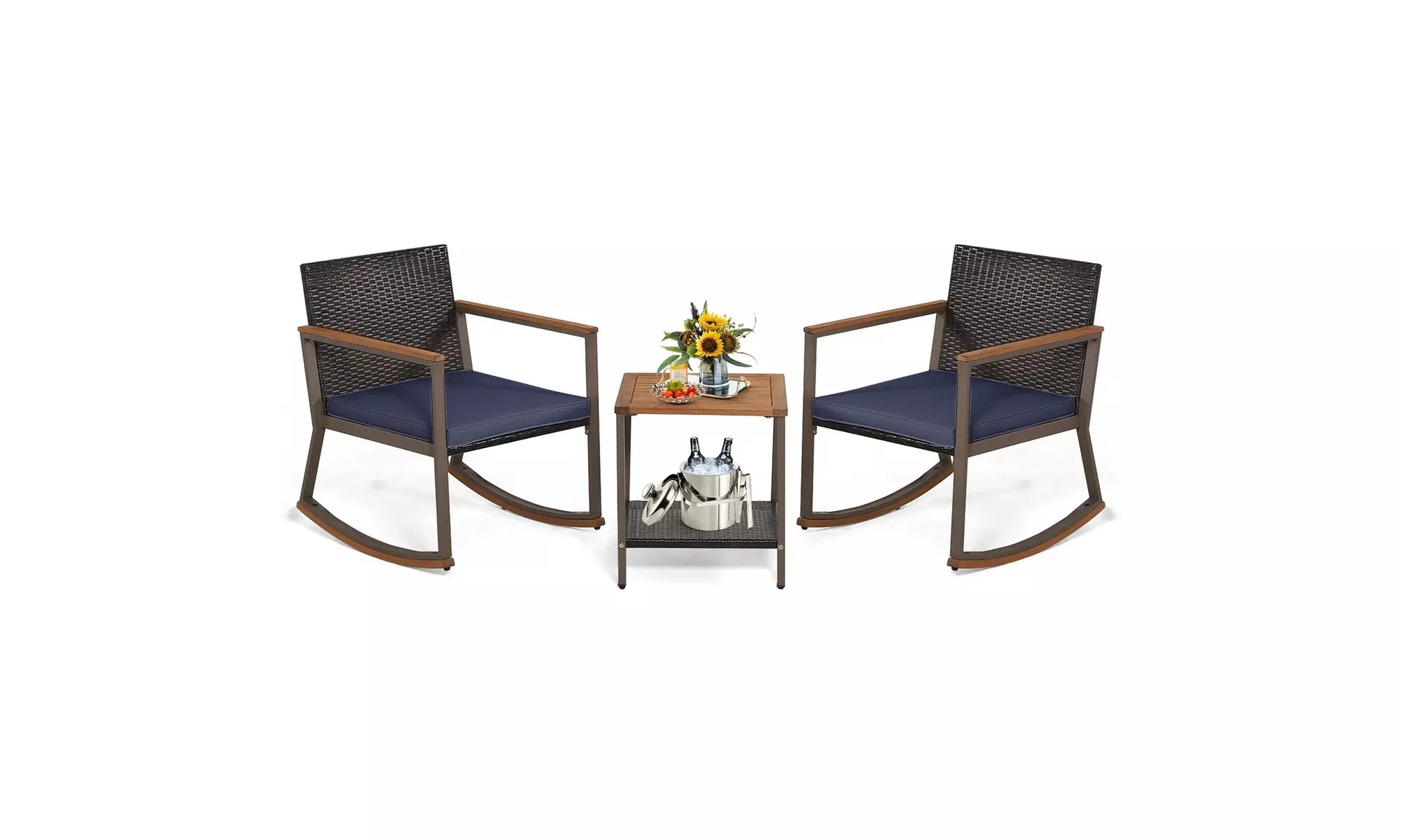Costway 3 PCS Patio Rattan Rocking Chair Bistro Set Armrest Cushion Table