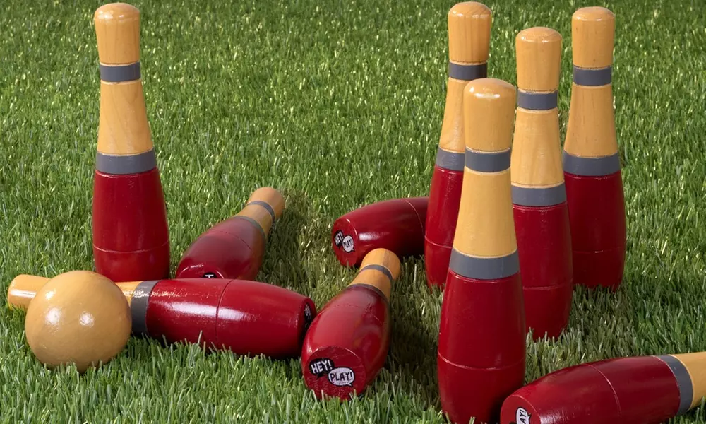 Lawn Bowling Game/Skittle Ball- 10 Wooden Pins, 2 Balls, & Bag Set by Hey! Play! - Primary Image