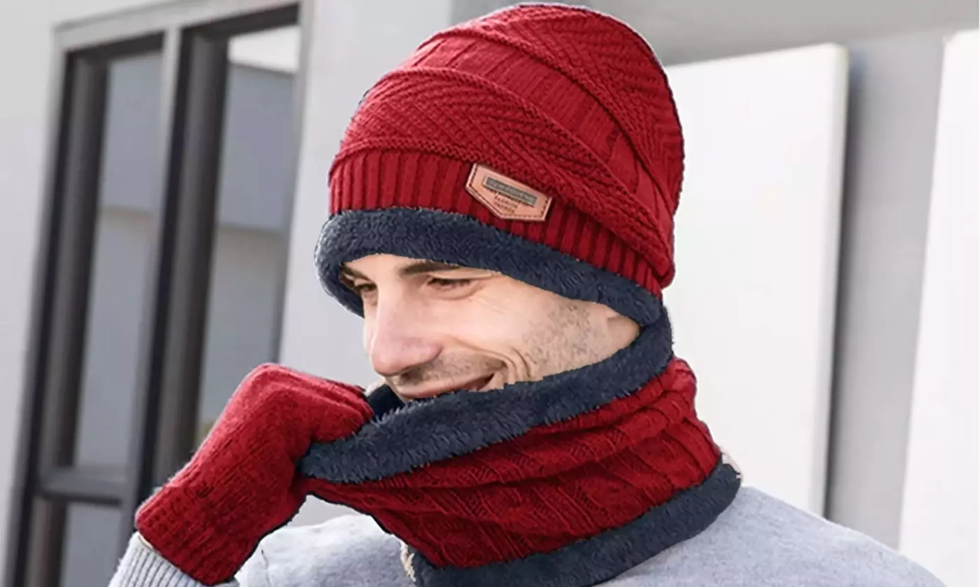 Men's Winter Warm Knit Beanie Hat Scarf Set with Warm Gloves
