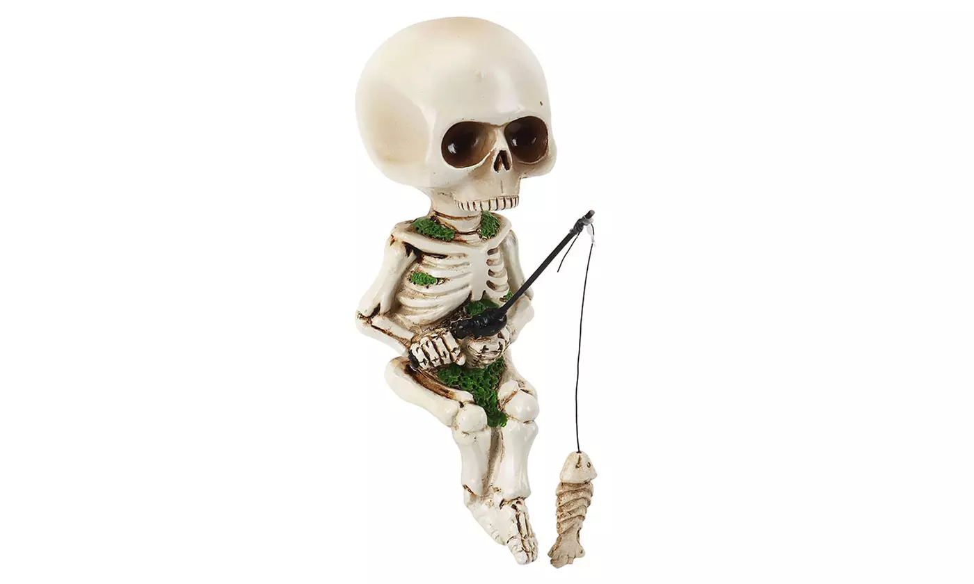 Skeleton Fishing Statue Garden Decor Halloween Art Courtyard Sculpture Resin