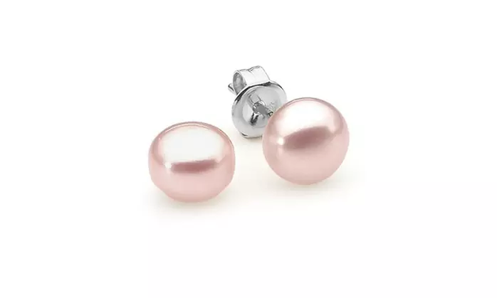 10K White Gold 10 mm Pink Pearl Button Stud Earrings