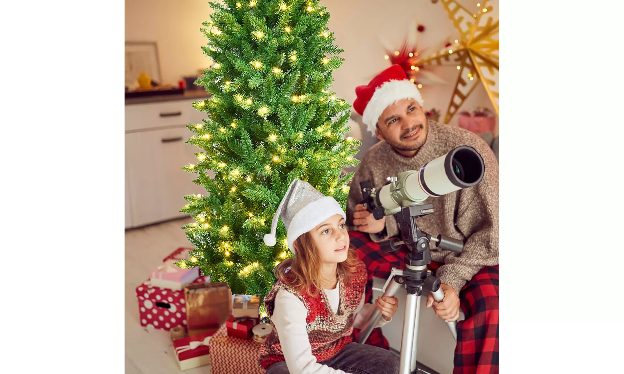 Costway 7Ft Pre-lit Artificial Pencil Hinged PVC Christmas Tree/350 LED Lights