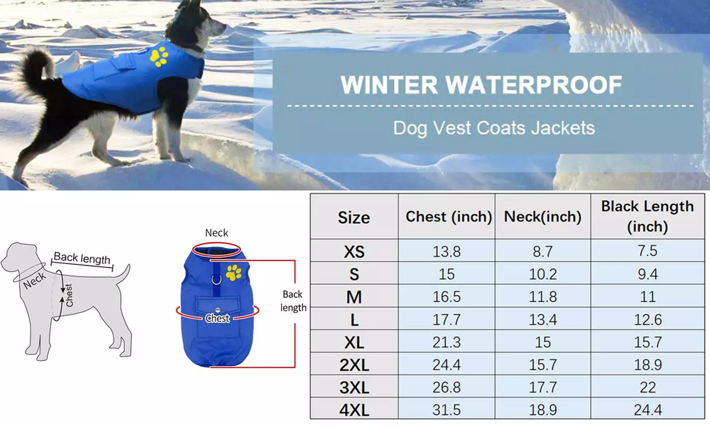 Waterproof Dog Vest Warm Winter Coat Jacket for Small Medium Large Dogs