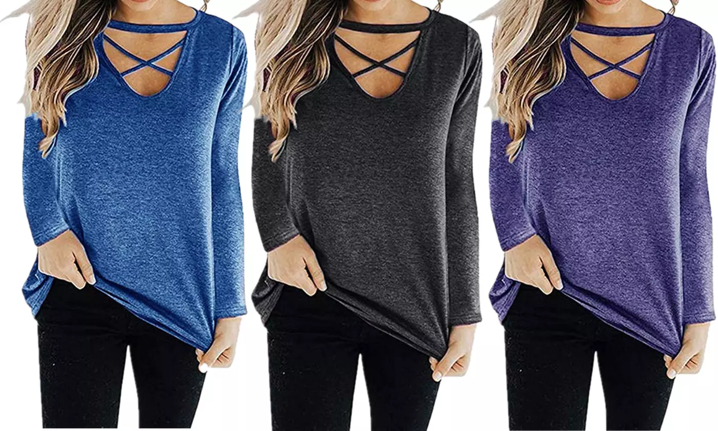 Women's Loose Long Sleeve V Neck Criss Cross Tee Tunic - Primary Image