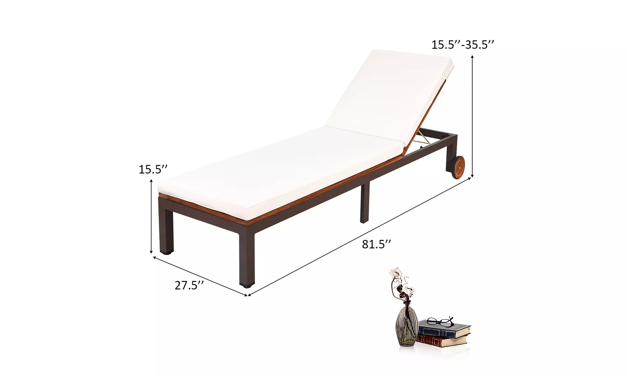 Patio Acacia Wood Lounge Chair Chaise Recliner Adjustable Backrest Cushion Wheel