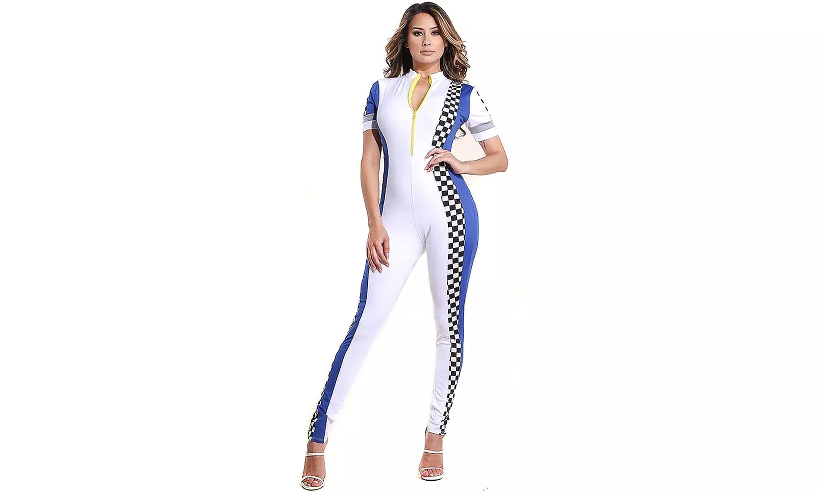 Checkered Colorblock Racing Bodysuit Car Racing Pit Crew Jumpsuit U.S.A - Primary Image