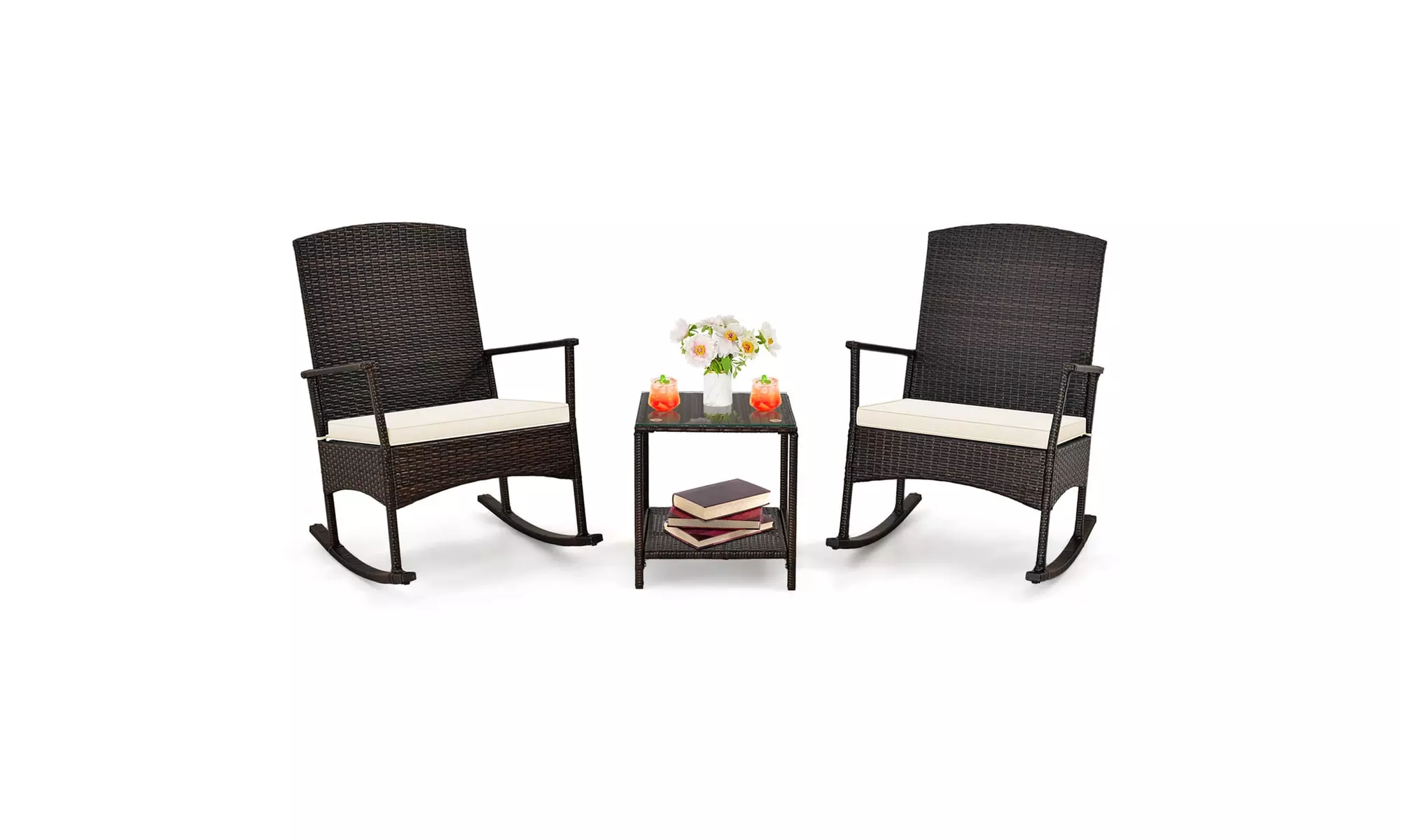 Costway 3 Piece Wicker Patio Set With Rocking Chairs & 2-Tier Coffee Table