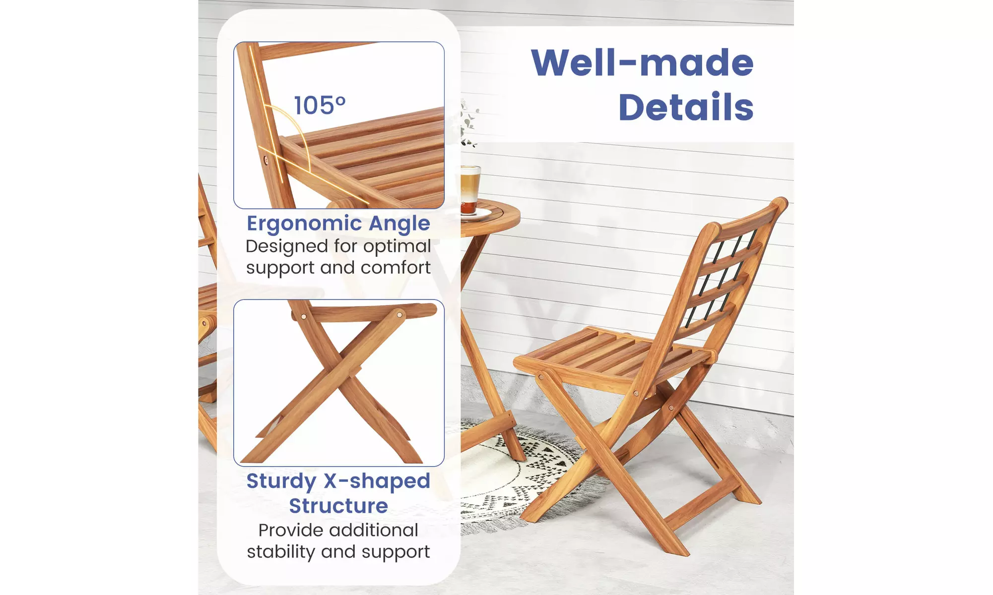 Costway 3 PCS Acacia Wood Patio Bistro Set Folding Outdoor Table and Chairs