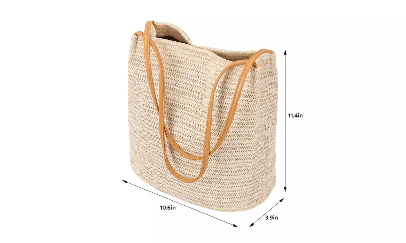 Women Woven Handbag Summer Beach Tote Straw Bag Square Rattan Shoulder Bag