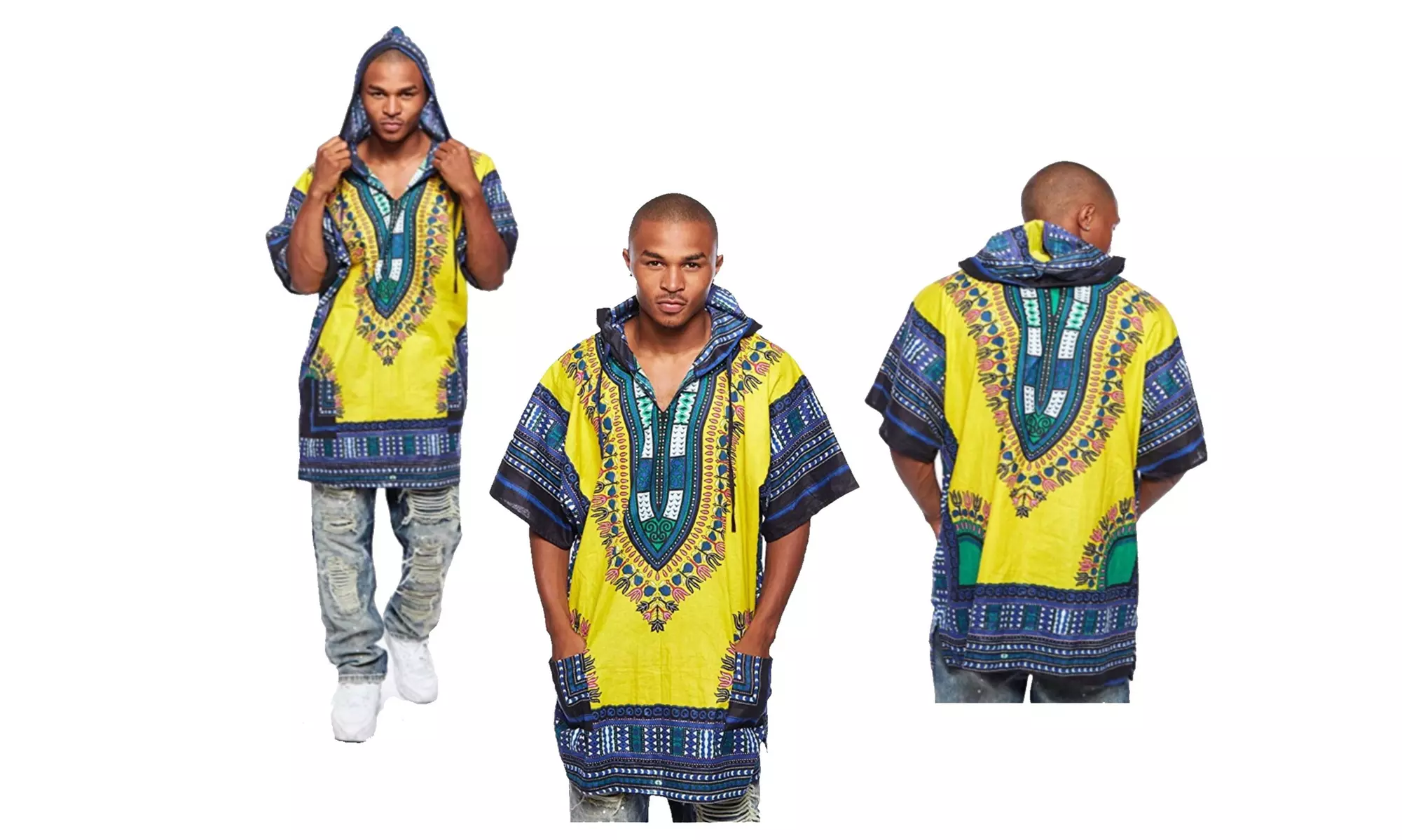 Mens African Swag Dashiki Loose Traditional Long Hoodie Top W/Hood - Primary Image
