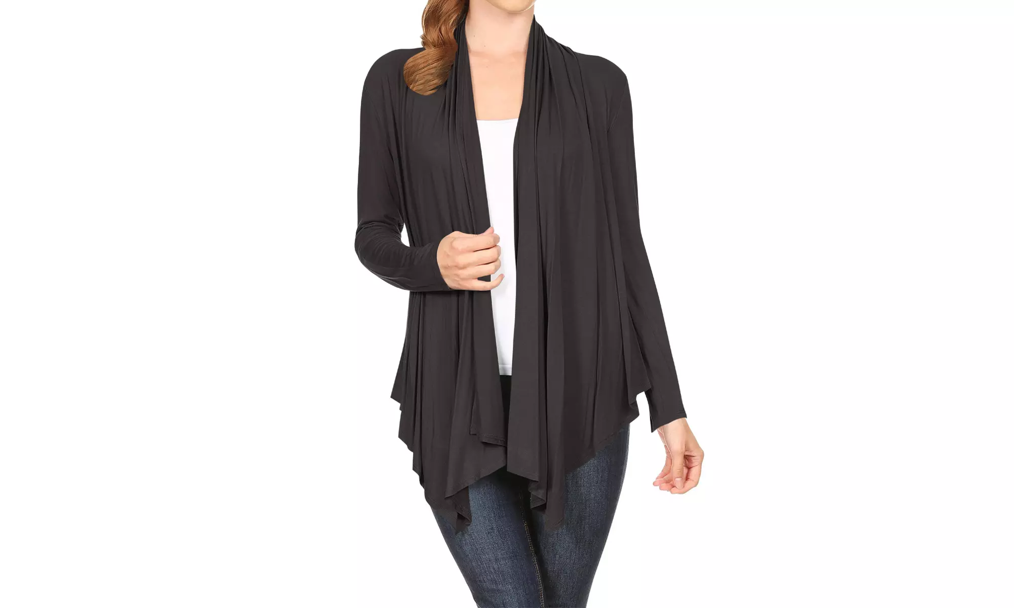 Women's Long Sleeve Draped Neck Open Front Solid Cardigan 